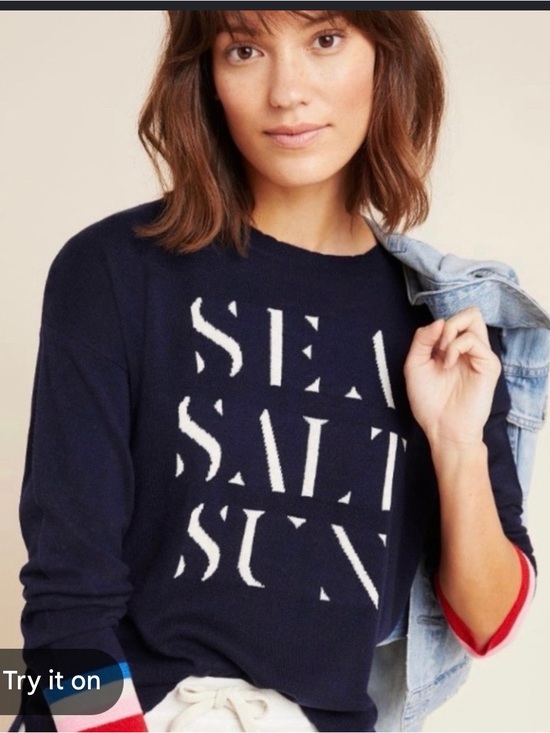 Sundry Sweaters - Sundry Navy Crewneck Sweater with White 'SEA SALT SUN' Graphic
